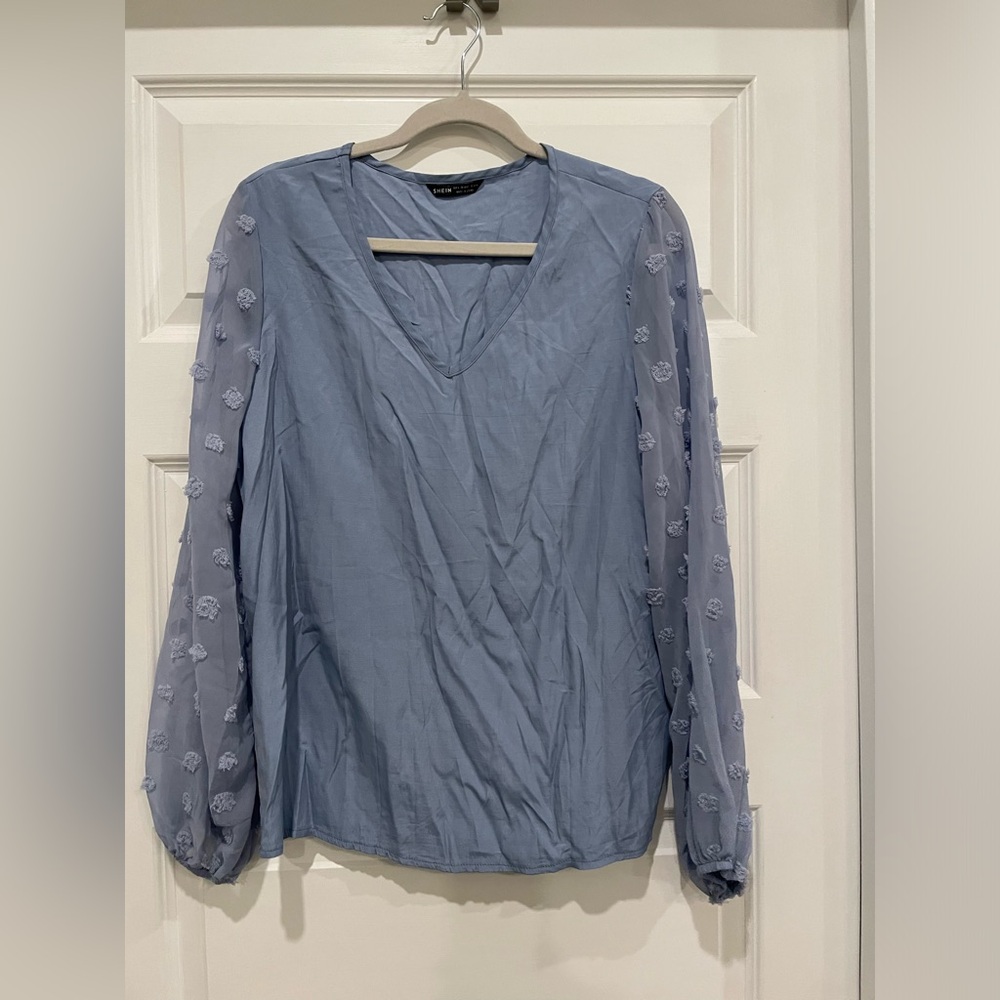 SHEIN- Blue Swiss Dot Blouse- Size Large